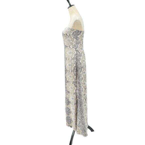 Nicole Miller Black & Cream Mixed Print Silk Blend Strapless Maxi Cocktail Dress - Picture 2 of 14